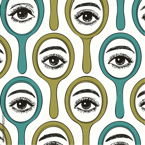 mirrored eyes and surreal reflection: teal and olive hand mirrors in grid of perception