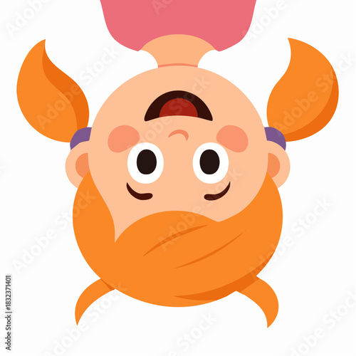 upside-down delight with orange pigtails: wide-eyed child in pink against playful white space