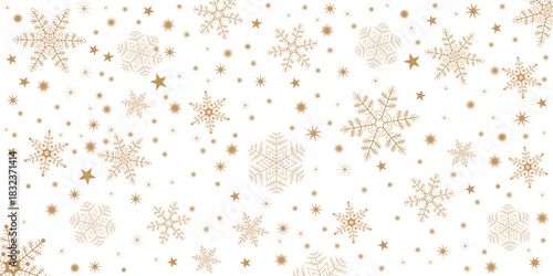 Snowflake background, Golden colored Christmas card vector illustration. 