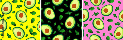 cute cartoon food texture repeating background with healthy sliced avocado halves fresh greens yellow black and pink vibrant modern design