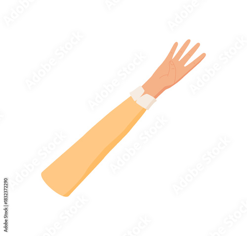 Flat style hand gesture showing number four. Clothed arm with raised palm and four fingers extended, isolated on white background. Expressive pose for count or math themes.