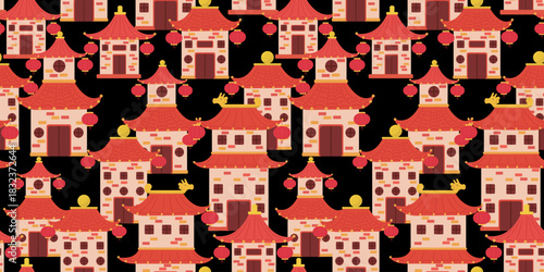 seamless pattern traditional chinese buildings red lanterns black background lunar new year festive holiday