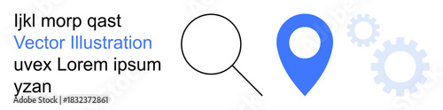 Navigation tools, technology concepts, business processes, internet search, digital mapping, location services. A magnifying glass, blue location pin and gears. Navigation tools and technology