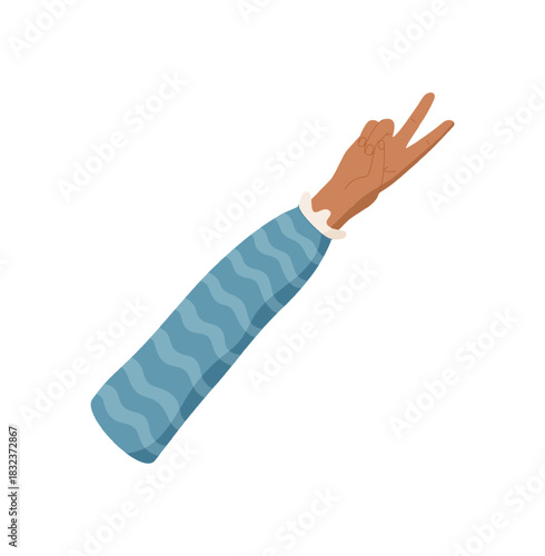 Flat hand gesture showing number two. Raised hand with two fingers up, count pose, and a visible palm in a stylized format. Brown arm with sleeve, simple and isolated on white.