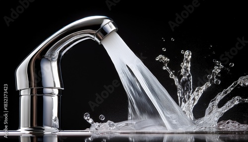 modern chrome metal faucet with clean water flowing powerful plumbing tap for bathroom or kitchen shows fresh stream and splash against solid black background