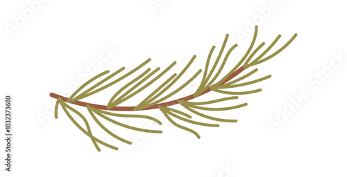 Flat kraft fir branch with green pine style holiday decor. Christmas plant as winter gift element, natural box accent for seasonal and festive inspiration. Simple illustration for elegant design.