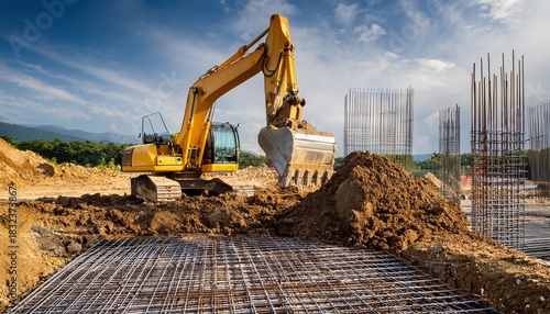 a yellow excavator digs into a pile of dirt at a construction site with rebar and concrete structures