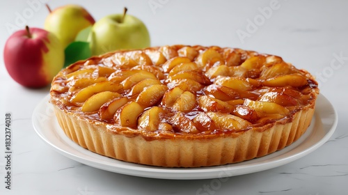 Delicious apple tart on white plate.