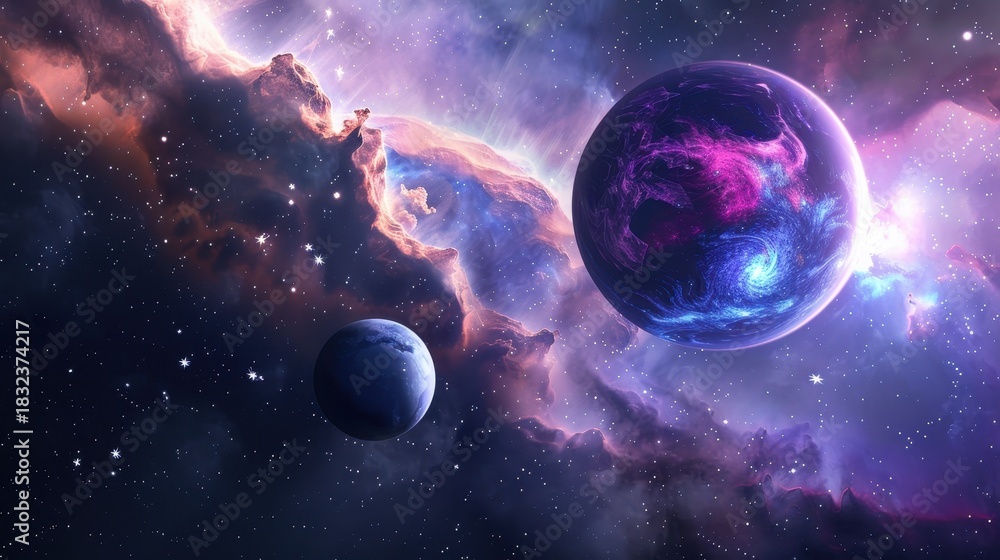Obraz premium Colorful cosmic scene with planets and nebula clouds. AI-generated.