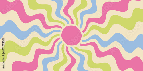 Groovy retro sun in wavy colorful flat burst style. Funky sunshine background with y2k graphic and vibrant abstract rays. Horizontal format ideal for bright summer and vintage themed projects.