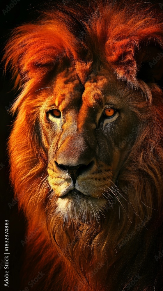 Fototapeta premium Close-up portrait of a majestic male lion with a fiery orange mane. Vertical photo of a wild animal face isolated on a black background. Symbol of strength and power