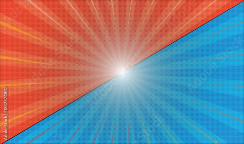 A dynamic split-background with a Sky Blue sunburst on the left and a Orange  sunburst on the right, both featuring halftone dot patterns for a retro comic-style effect