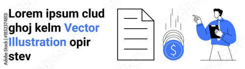 Financial planning, economic strategy, business documentation, wealth management, decision-making, corporate growth. Document and falling coins near a man pointing. Financial planning and economic