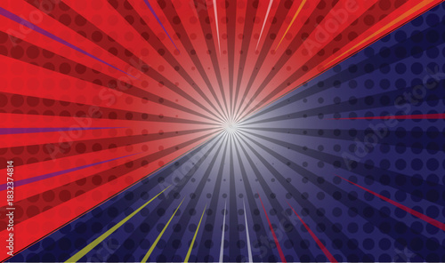 A dynamic split-background with a bright red sunburst on the left and a blue sunburst on the right, both featuring halftone dot patterns for a retro comic-style effect