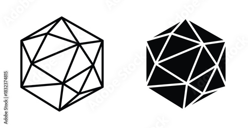 Icosahedron Icon Set. Icosahedron vector symbol in black filled and outlined style.