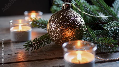 Close-up detail of a golden Christmas ornament on a wooden table, next to lit candles and fir branches. Christmas motifs
