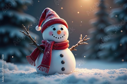 A charming snowman with red hat and scarf standing in a snowy winter landscape during a festive holiday season