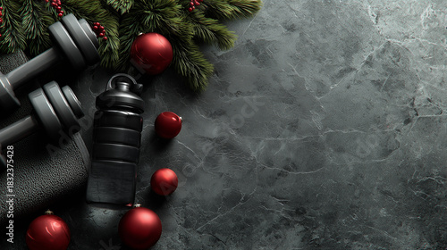 Fitness dumbbells and water bottle with Christmas decor on dark stone surface, holiday workout concept for gym promotions