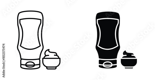 Mayo Sauce Bottle Icon Set. Mayo vector symbol in black filled and outlined style.