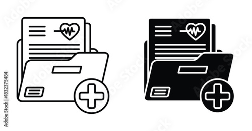 Medical History Folder Icon Set. Medical record vector symbol in black filled and outlined style.