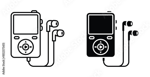 Music Player Icon Set. Music player vector symbol in black filled and outlined style.