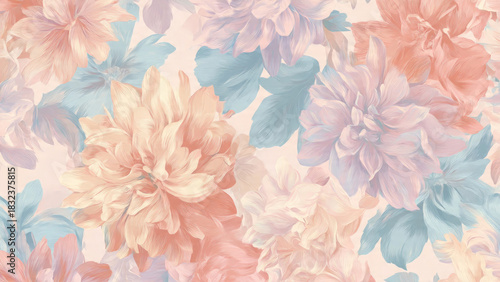 Seamless pastel floral pattern featuring painterly dahlias in soft peach, blue, and lavender tones. Elegant, delicate, and soothing background.