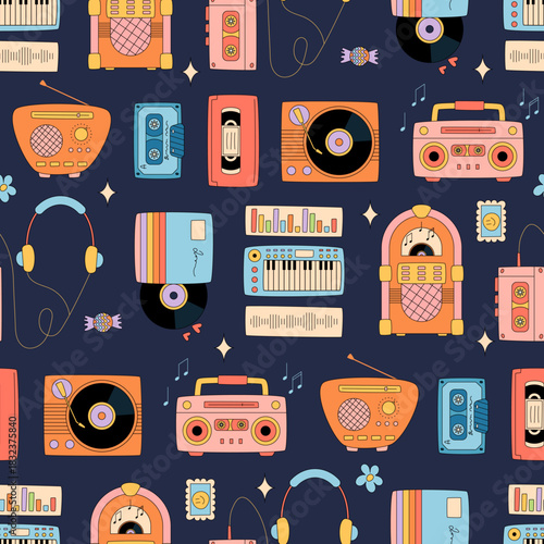 Groovy y2k seamless music pattern background, with colorful cassette, record, radio, boombox, headphones, and synthesizer in retro style. Vintage audio objects form playful seamless wallpaper.