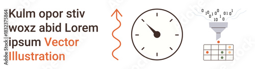 Data analysis, workflow optimization, information management, technology, programming logic, digital transformation. A clock graphic, binary funnel and table. Data analysis and workflow optimization