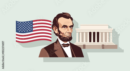 Illustration of Abraham Lincoln, the Lincoln Memorial, and the American flag.