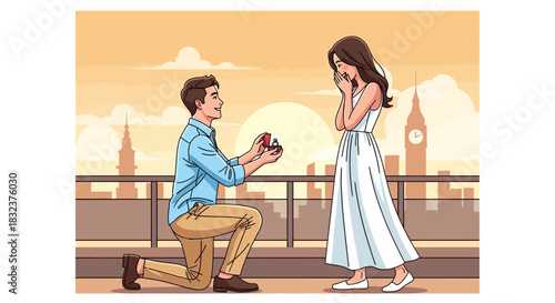 A man kneels to propose to a woman, offering a ring, with a city skyline backdrop.