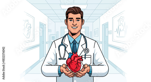 A smiling male cardiologist in a white coat holds a human heart in a hospital corridor.