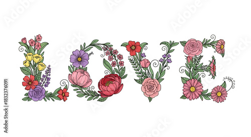 The word LOVE spelled out with colorful flowers and green leaves on a white background, a beautiful floral design.