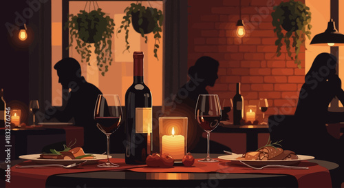Romantic dinner setting with wine and candles in a dimly lit restaurant, featuring silhouettes of other diners and warm ambiance.