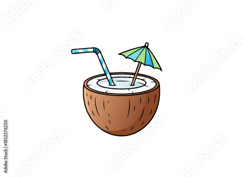 A Fresh Coconut Drink With a Striped Straw and a Colorful Cocktail Umbrella on a Black Background Isolated Vector Illustration