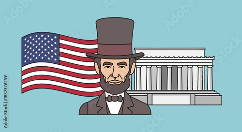 Illustration of Abraham Lincoln in front of the Lincoln Memorial with the American flag.