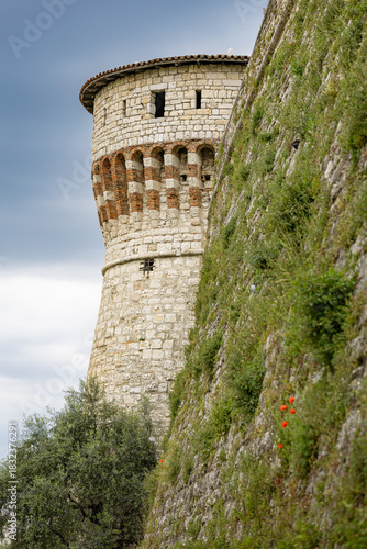 A close-up view of the rugged stone walls and the imposing cylindrical Mirabella Tower of Castello di Brescia, with patches of green vegetation growing on the exterior medieval defenses