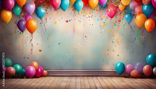 a empty wall in background with a bunch of colorful balloons and confetti generative ai