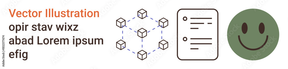 Fototapeta premium Blockchain, data management, positivity, document organization, visual , conceptual design. Image shows connected cubes, list document and a green happy face. Blockchain and data management concepts
