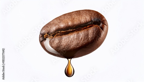 drop of coffee dripping from coffee seed isolated on white background