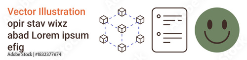 Blockchain, data management, positivity, document organization, visual , conceptual design. Image shows connected cubes, list document and a green happy face. Blockchain and data management concepts