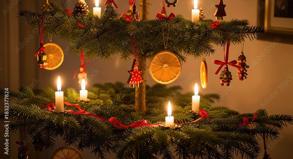 Fototapeta premium Yule evergreen tree branches gently adorned with glowing white candles, natural dried orange slices, and vivid red ribbons, creating a serene, festive winter solstice celebration ambiance.