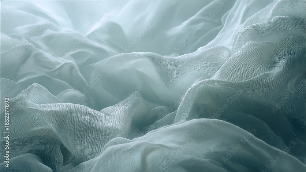 Obraz premium A serene abstract background featuring soft, flowing teal and white fabric folds, creating delicate ripples and a gentle, elegant texture.