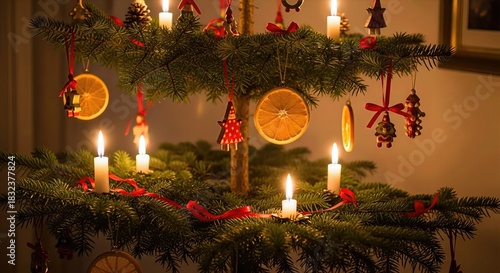 Yule evergreen tree branches gently adorned with glowing white candles, natural dried orange slices, and vivid red ribbons, creating a serene, festive winter solstice celebration ambiance.