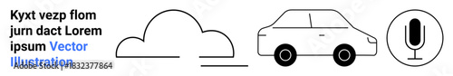 Cloud computing, smart cars, voice control, technology, mobility, communication. Outline of a cloud, car and a microphone inside a circle. Cloud computing and smart cars concept