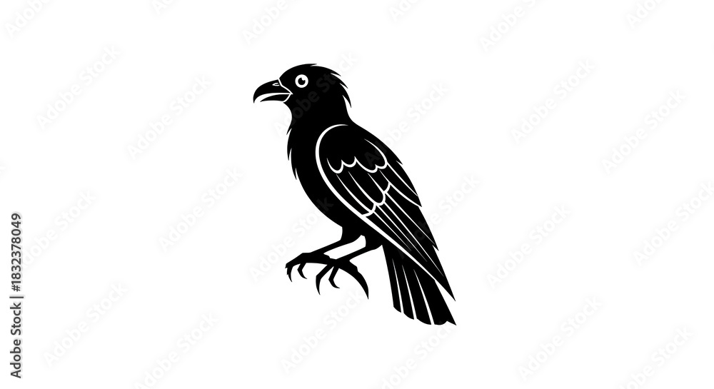 Fototapeta premium Black Raven Silhouette Perched Against White Background.