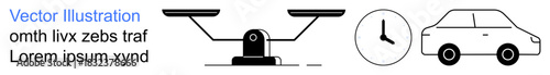 Time management, transportation, decision-making, efficiency, scheduling, productivity. Black balance scale, clock and car icons in minimalistic style. Time management and transportation concept