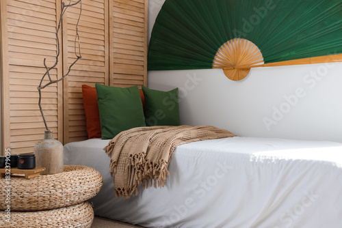 Interior of bedroom with fo...