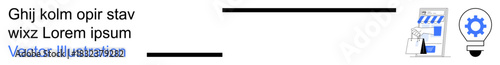 Digital media, content creation, workflow, innovation, planning, and strategy. Gear, lightbulb and storyboard icons on a white background. Digital media and content creation concept