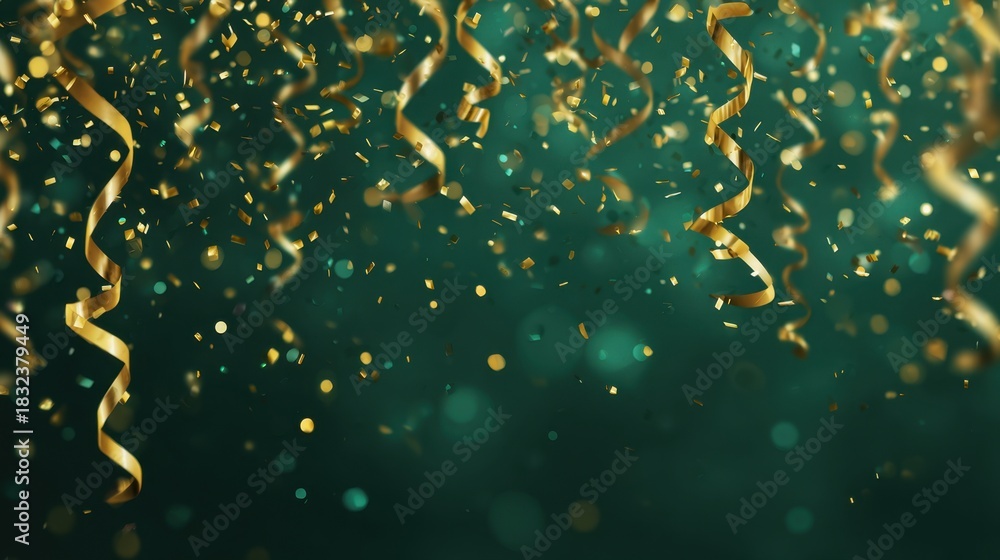 Fototapeta premium Gold Confetti and Ribbons Create a Elegant Celebration Scene with Teal Backdrop