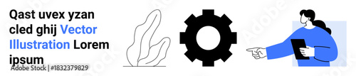 Workflow automation, business development, creative projects, teamwork, technical design, productivity tools. Gear symbol, abstract shapes person holding a tablet. Workflow automation and business